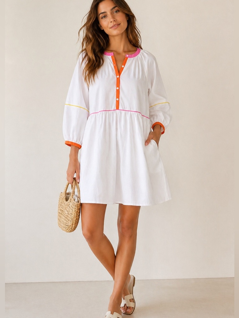 STAUD White Babydoll Dress Color Trim Puff Sleeve Size S Resort Summer